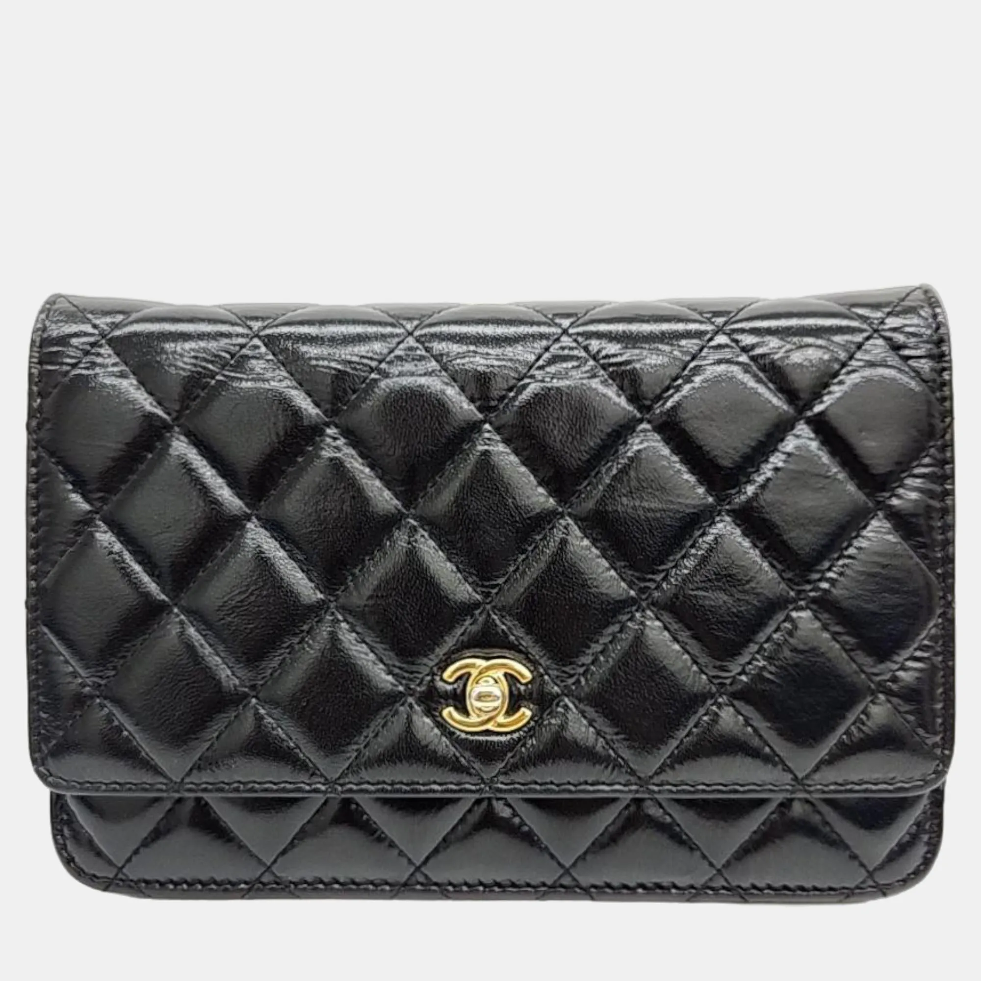 Black Patent Leather Pearl Crush Wallet On Chain