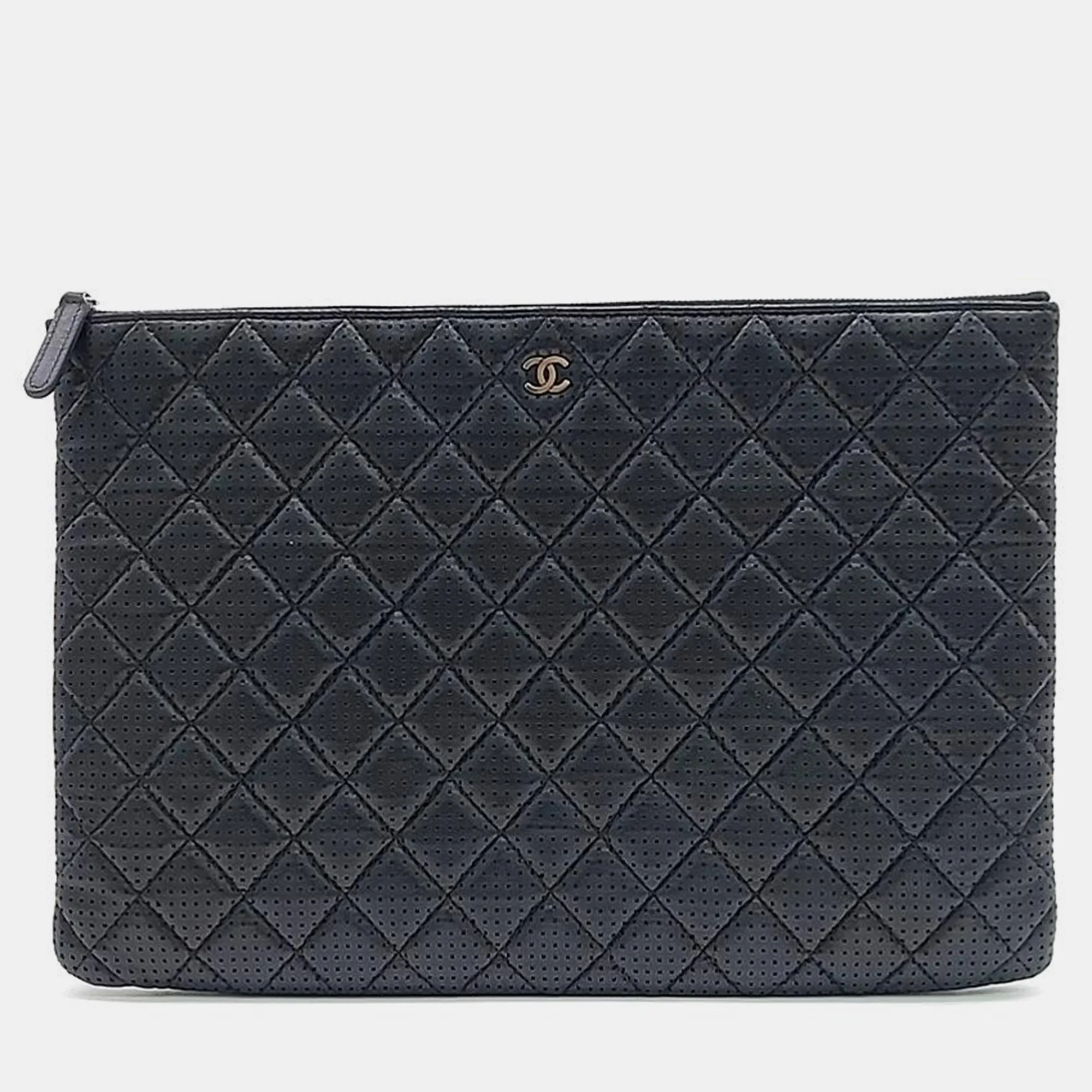 Black Perforated Leather Large Clutch Bag