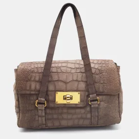 Khaki Beige Croc Embossed Leather Satchel