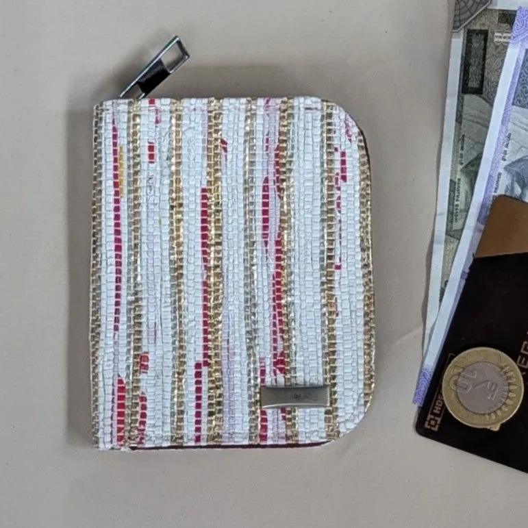 Red White Golden Shimmery Striped Upcycled Handwoven D Wallet (DW1224-019) PS_W