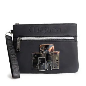 Women's Wallet Double Pocket Wristlet - Brave Princess Merida Script Debossed Black with Castle Emblem Silver