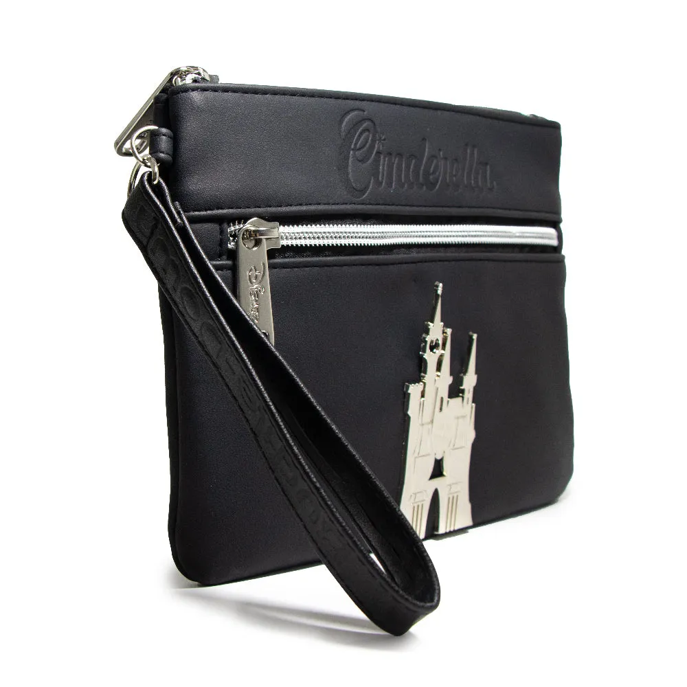 Women's Wallet Double Pocket Wristlet - Cinderella Script Debossed Black with Castle Emblem Silver