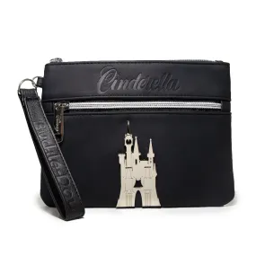 Women's Wallet Double Pocket Wristlet - Cinderella Script Debossed Black with Castle Emblem Silver